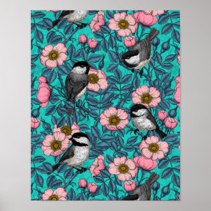 Poster Les poulets dans la nature rose, rose et bleu