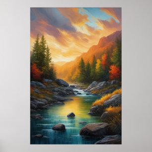 Poster Les rives rocheuses et la forêt d'automne sous le 