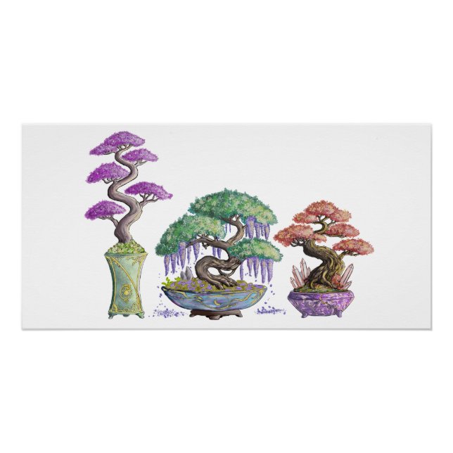 Poster Les trois vases bonzaïs couleurs. (Devant)