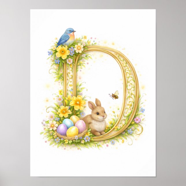 Poster Letter D Gold Spring Nature Monogram Blue Bird (Devant)