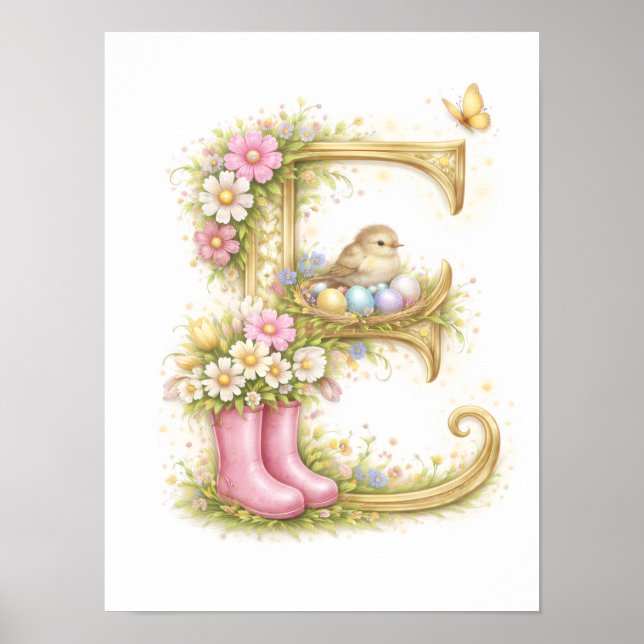 Poster Letter E Gold Spring Nature Monogram Bird and Boot (Devant)