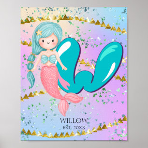 Poster Letter W Monogram Watercolor Cute Mermaid Nursery