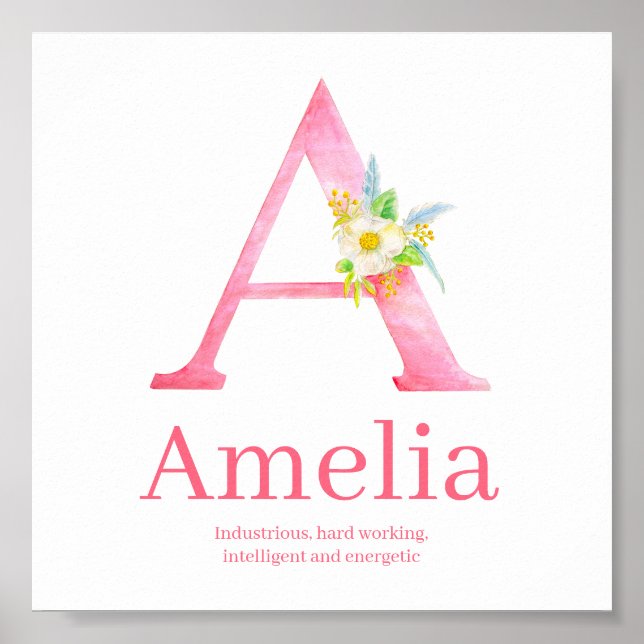 Poster Lettre A aquarelle art rose Amelia nom signifiant (Devant)