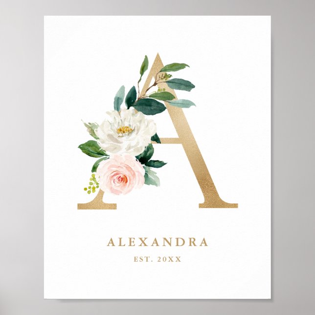 Poster Lettre A Blush Floral Monogram Gold Foil Nursery (Devant)