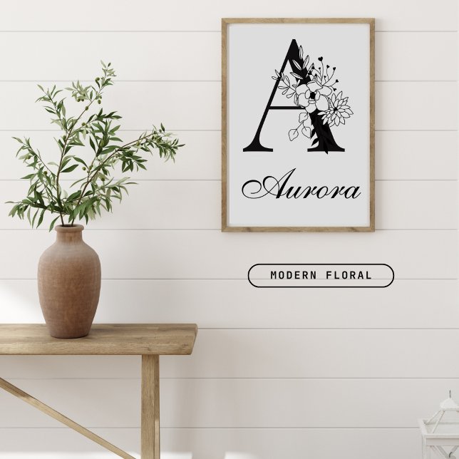 Poster Lettre A Floral Moderne Noir Monogram Nursery (Créateur téléchargé)