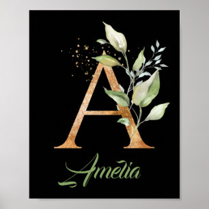 Poster Lettre A monogramme feuillage eucalyptus or noir
