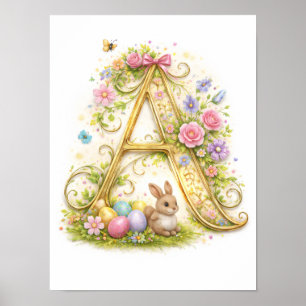 Poster Lettre A Monogramme Nature Printemps Or Enfants