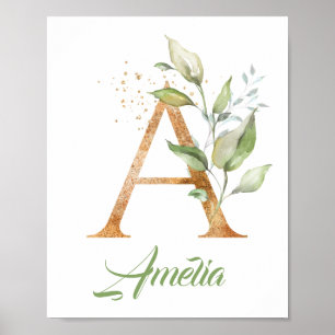 Poster Lettre A monogramme verdure eucalyptus or