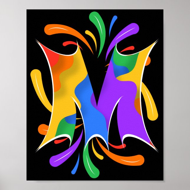 Poster Lettre arc-en-ciel M Monogramme Abstrait (Devant)