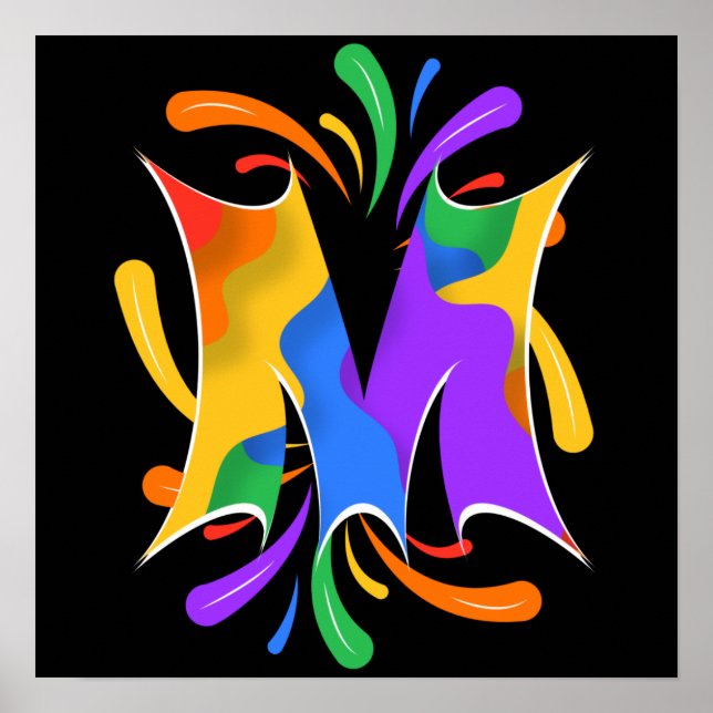 Poster Lettre arc-en-ciel M Monogramme Abstrait (Devant)