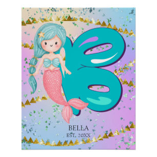 Poster Lettre B Monogramme Aquarelle mignonne Sirène