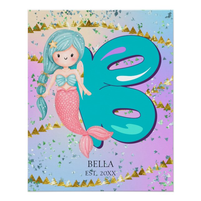 Poster Lettre B Monogramme Aquarelle mignonne Sirène (Devant)