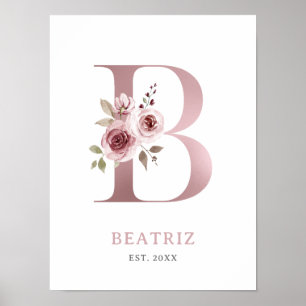 Poster Lettre B Monogramme Aquarelle Rose Florals Nursery