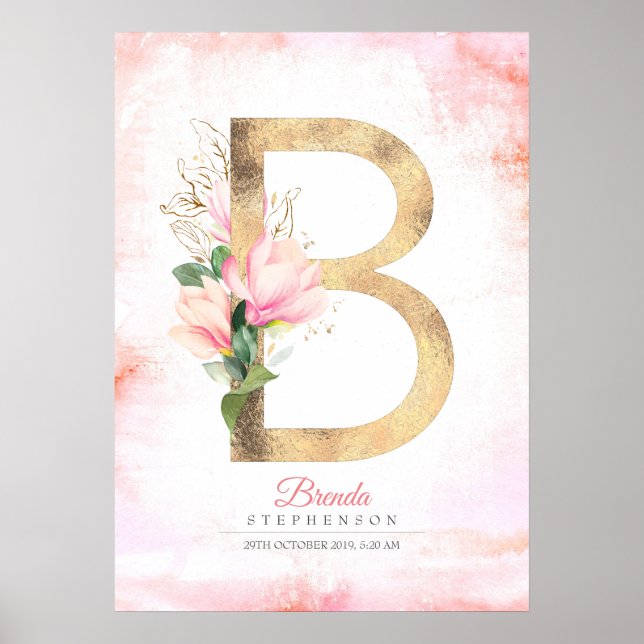 Poster Lettre B Monogramme Feuilles Dorées Magnolia Rose  (Devant)