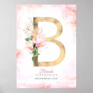 Poster Lettre B Monogramme Feuilles Dorées Magnolia Rose 