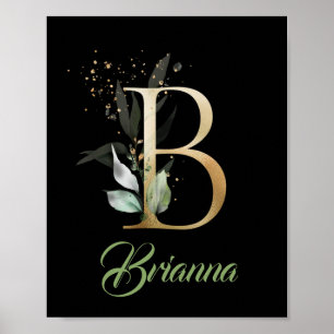 Poster Lettre B monogramme verdure eucalyptus or noir