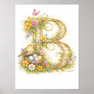 Poster Lettre B Or Printemps Nature Monogramme Enfants