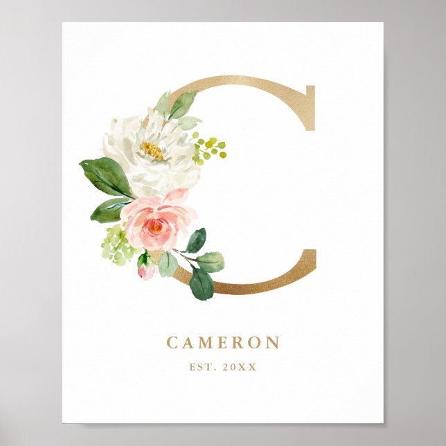 Poster Lettre C Blush Floral Monogram Gold Foil Nursery (Devant)