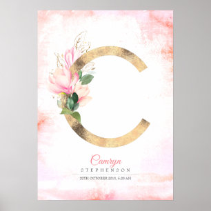 Poster LETTRE C Feuilles d'or Monogramme rose Magnolia Fl