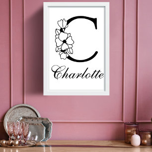 Poster Lettre C Floral Moderne Noir Monogram Nursery