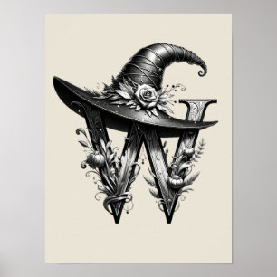 Poster Lettre Casquette sorcière noire W personnalisée in