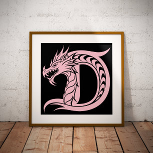 Poster Lettre D de style dragon, alphabet du dragon, mono