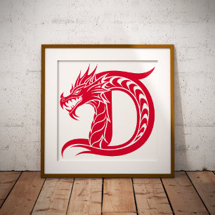 Poster Lettre D de style dragon, alphabet du dragon, mono