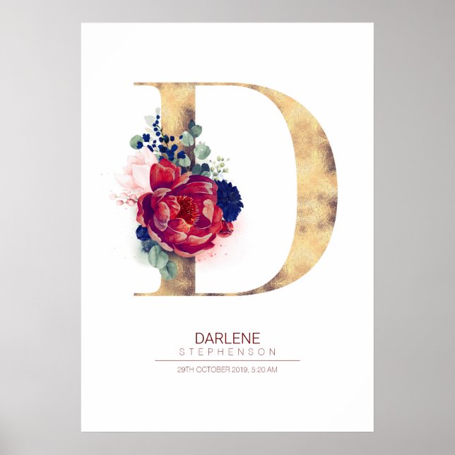 Poster Lettre D Monogramme Floral Marine Bleu et Bourgogn (Devant)