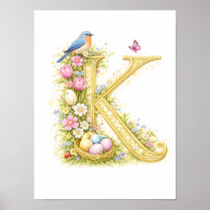 Poster Lettre de crèche K bébé merle bleu initiale floral