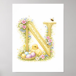 Poster Lettre de la nurserie N Caneton initiale or floral