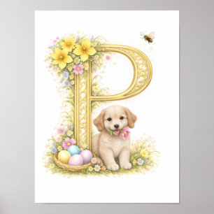 Poster Lettre de la nurserie P Bébé chiot initiale or flo