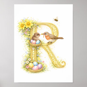 Poster Lettre de la nurserie R Bébé Robin Initiale Floral