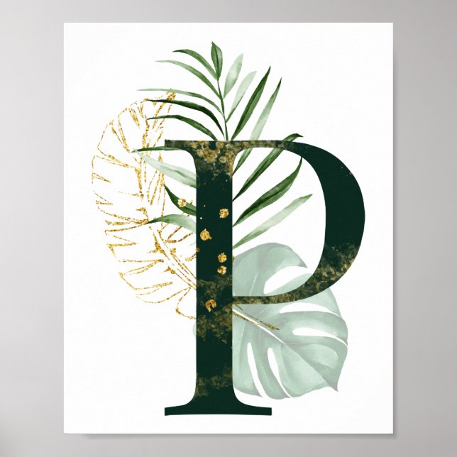 Poster Lettre décorative P avec feuilles tropicaux (Devant)