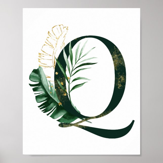Poster Lettre décorative Q avec feuilles tropicaux (Devant)