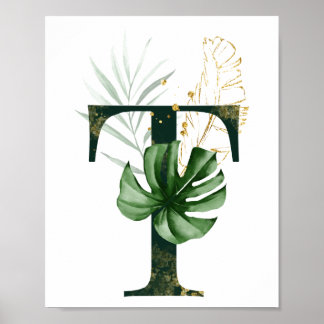 Poster Lettre décorative T avec feuilles tropicaux