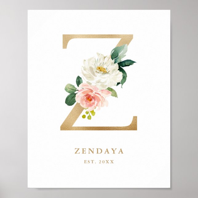 Poster LETTRE D'OR FAUX Z MONogramme Blush Florals Nurser (Devant)
