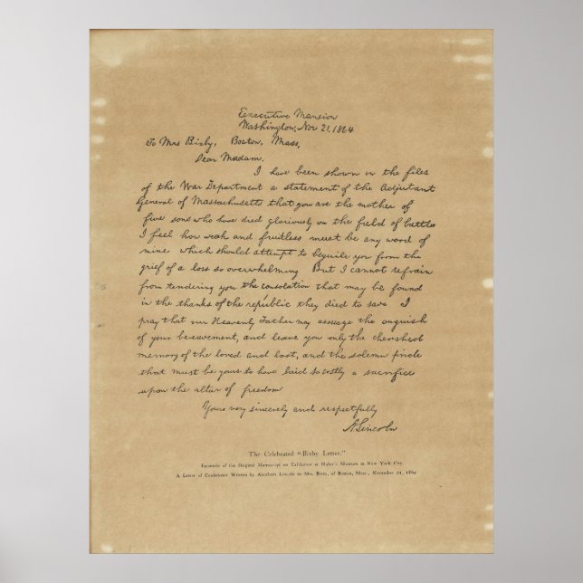 Poster Lettre du Président Abraham Lincoln à Mme Bixby (Devant)