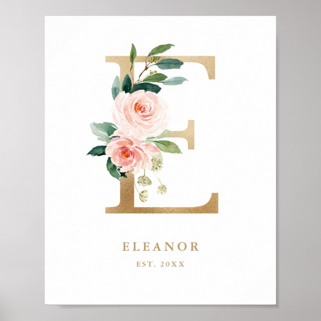 Poster Lettre E Blush Floral Monogram Gold Foil Nursery (Devant)