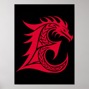 Poster Lettre E de style dragon, alphabet du dragon, mono