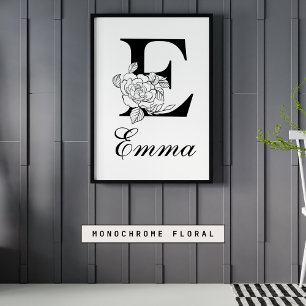 Poster Lettre E Floral Moderne Noir Monogram Nursery