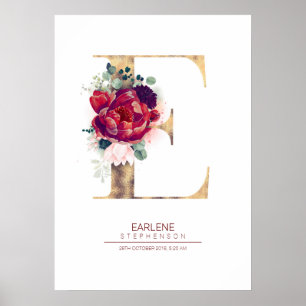 Poster Lettre E Monogram Floral Bourgogne Rouge et or