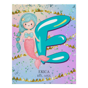 Poster Lettre E Monogramme Aquarelle mignonne Sirène