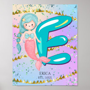 Poster Lettre E Monogramme Aquarelle mignonne Sirène
