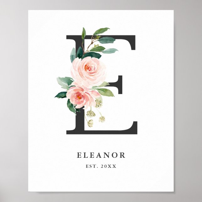 Poster Lettre E Monogramme Peach Florals Peach Nursery (Devant)