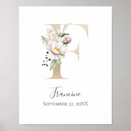 Poster Lettre F dorée fleurs rose blanc Nursery  