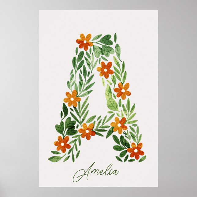 Poster Lettre florale A personnalisée avec fleurs orange (Devant)