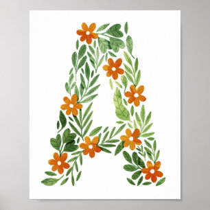 Poster Lettre florale A personnalisée avec fleurs orange