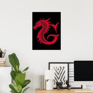 Poster Lettre G de style dragon, alphabet du dragon, mono