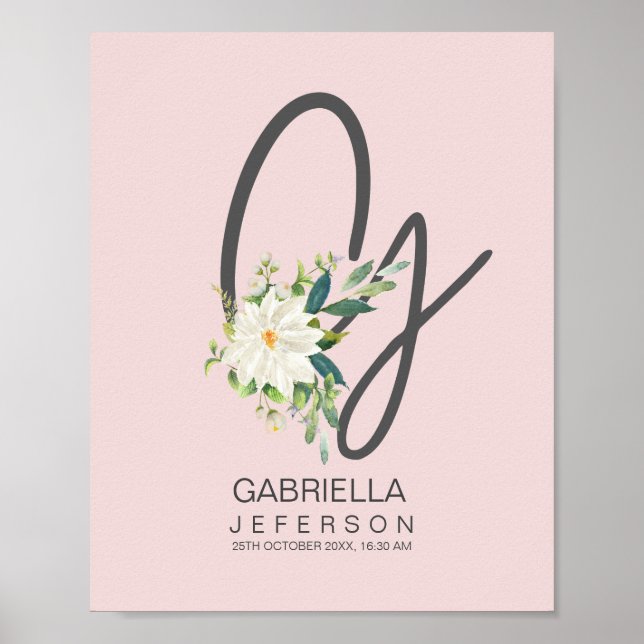 Poster Lettre G Décor floral moelleux Monogramme (Devant)