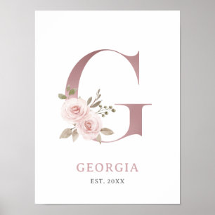 Poster Lettre G Monogramme Aquarelle Rose Florals Nursery